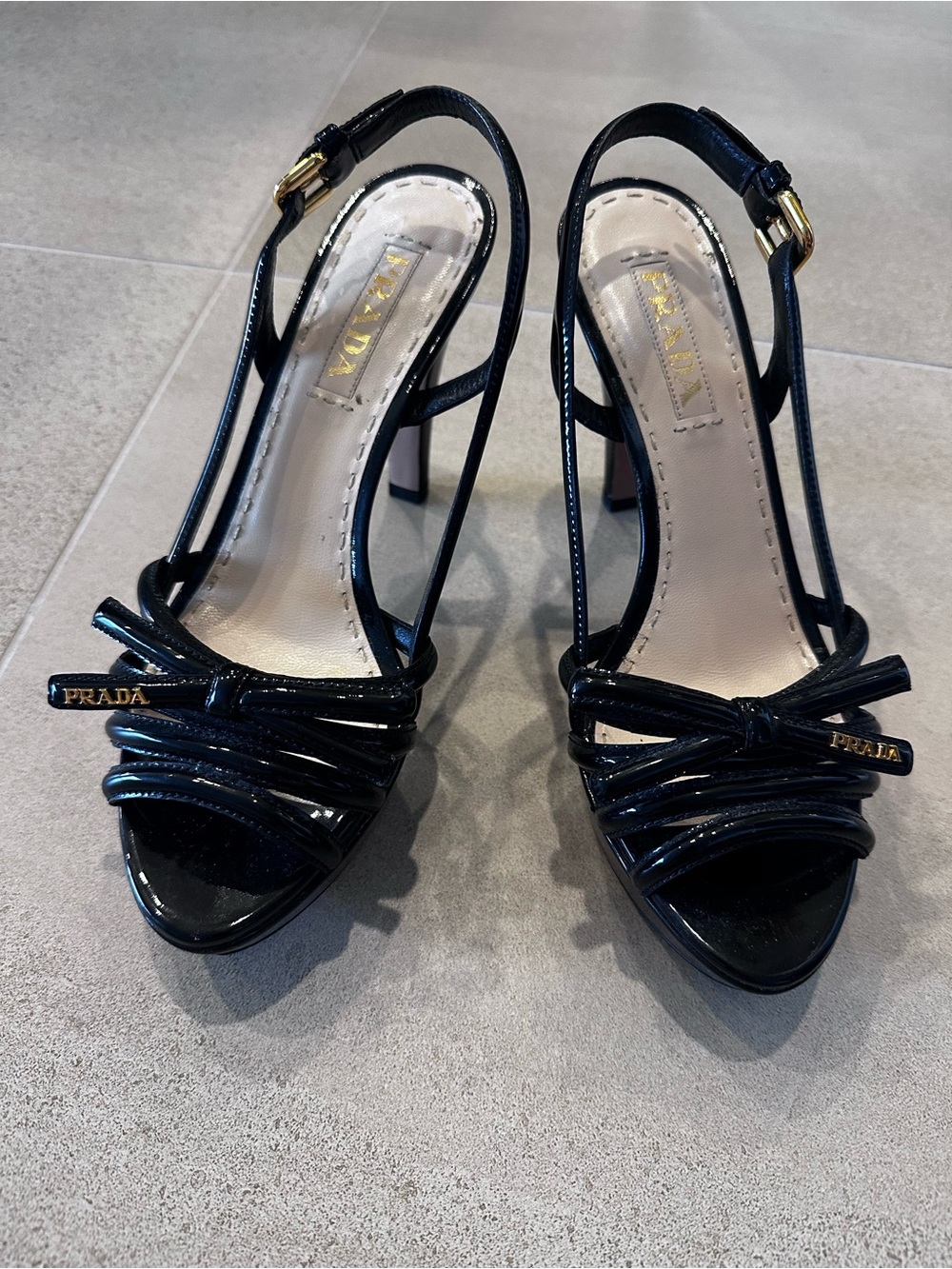 Prada Black Patent Leather Open-Toe Slingback Heels
